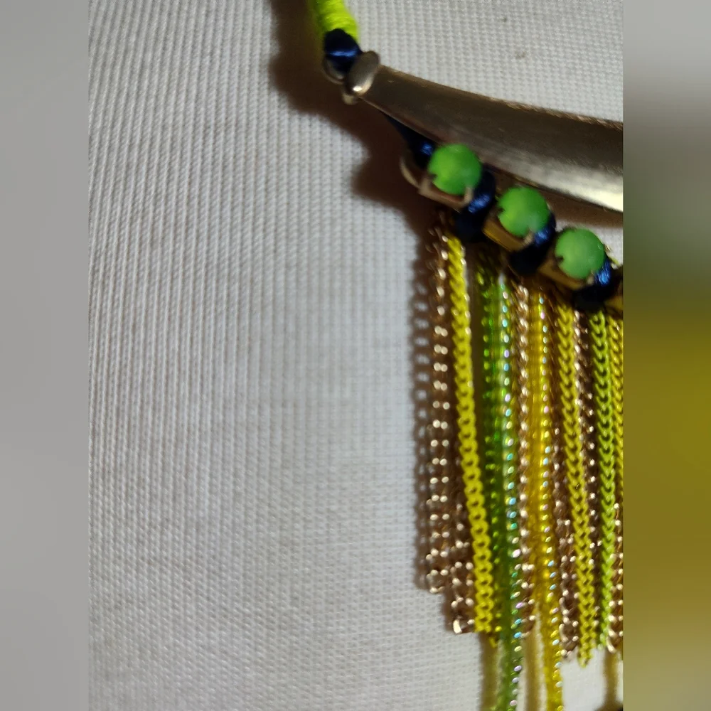 Statement Bohemian Gold and Green Beaded Necklace Nwot